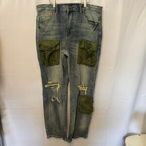 Smoke Rise 38x32 Utility Distressed Jeans Green Nylon Cargo Pocket Denim